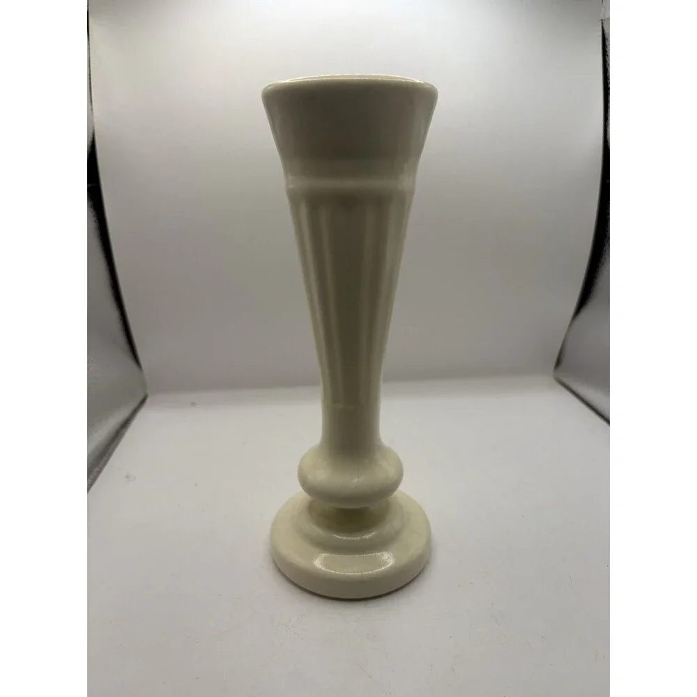 Vintage Haeger Stoneware Pottery Footed Trumpet Vase Cream Color Ceramic #3967
